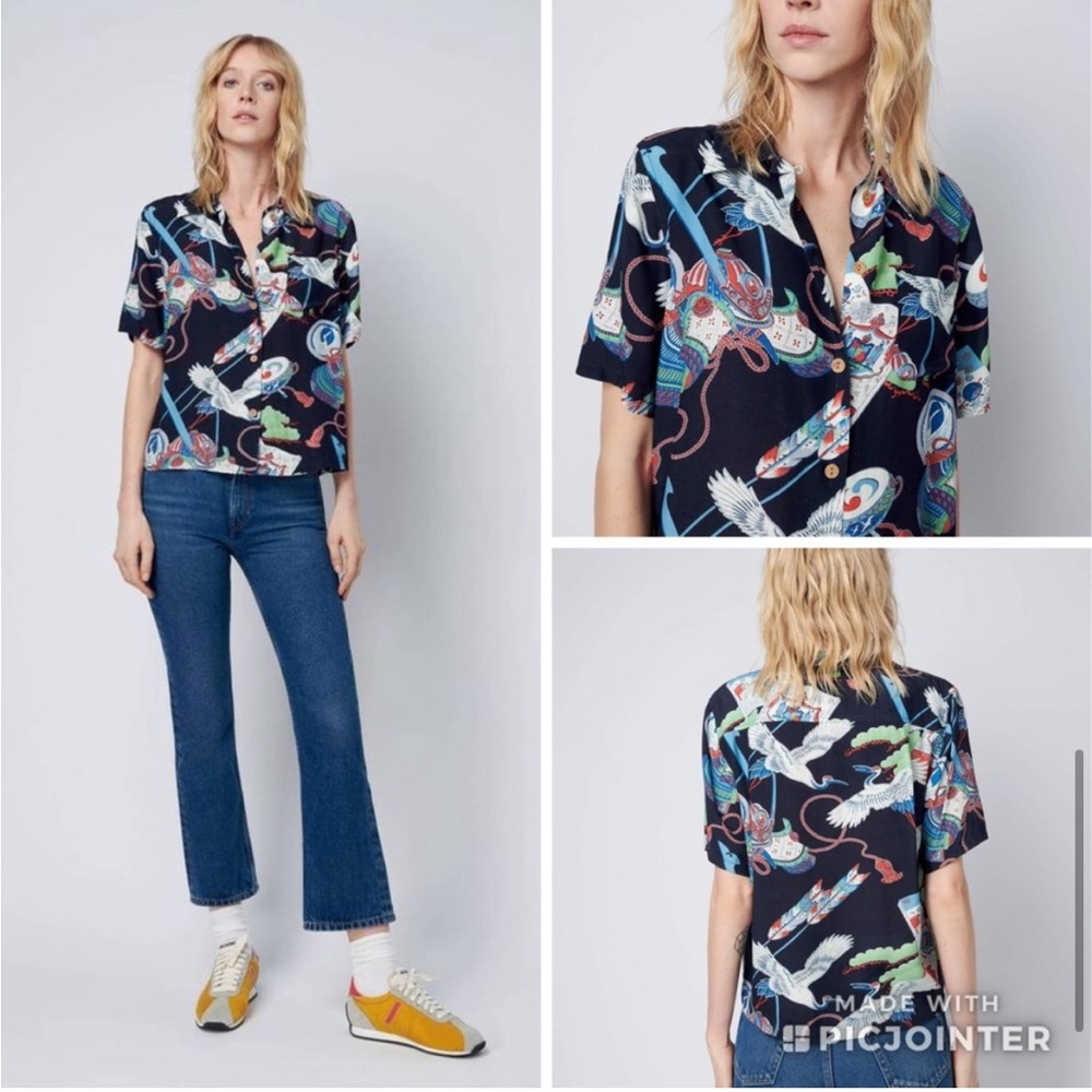 Re/Done 50s Hawaiian Crane Vintage Inspired Novelty Shirt XSmall Japanese Tsuru